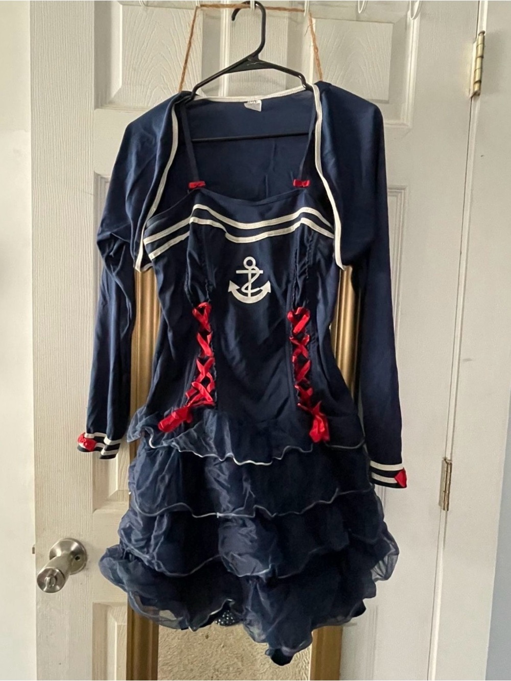 Navy Sailor-Style womens Dress with Red Ribbon Accents: Halloween costume